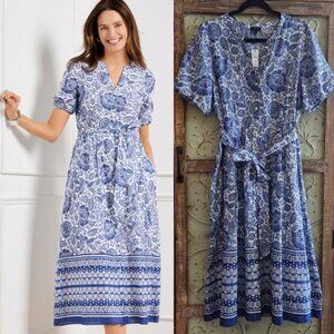NWT Talbots Puff Sleeve Shirt Dress w/pockets - Woodblock Floral | Sz 14